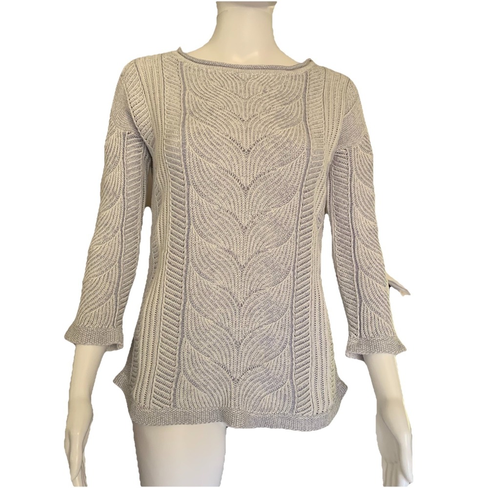 Orvis Sweater light purple Marled Cotton Cable Textured 3/4 Sleeve Lightweight S